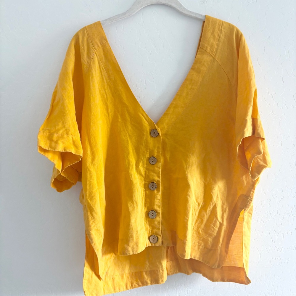 Free People Memory Of Love Top Yellow Linen Cotton Button Front V-Neck S - Picture 3 of 8
